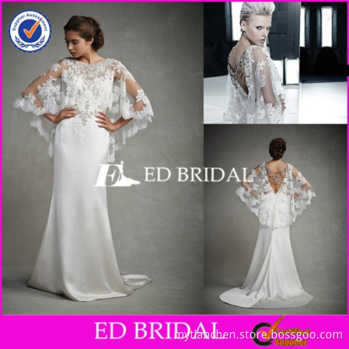 CE957 Newest Fashion Model Backless Satin Dress With Lace Cape Chinese Wedding Gown